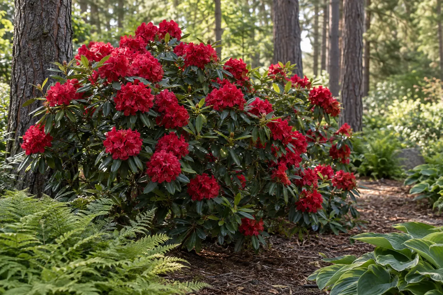 Blühender Rhododendron mit roten Blütendolden im Halbschatten unter Kiefern, mit Rindenmulch und Farnen