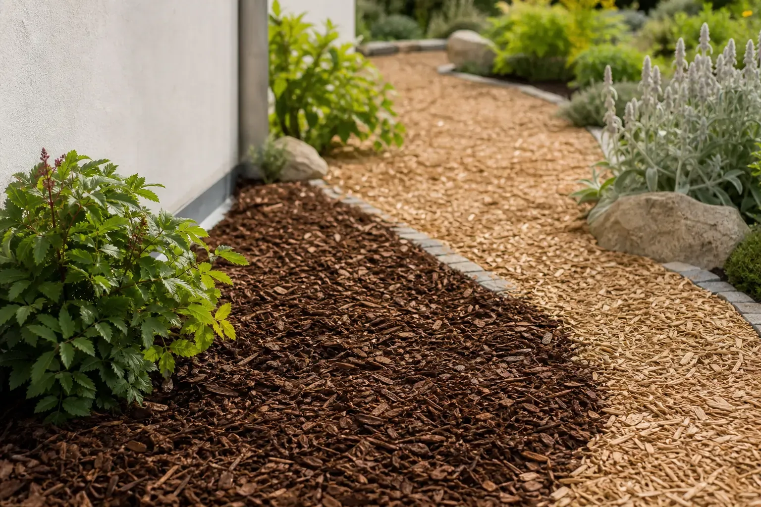 Rindenmulch und Hackschnitzel -- der günstigste Gartenweg