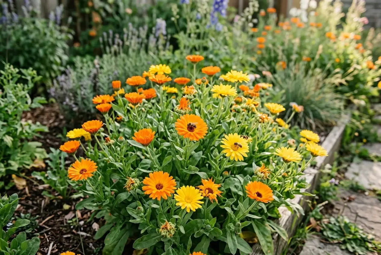 Ringelblumen mit leuchtend orangen Blüten in einem sonnigen Gartenbeet
