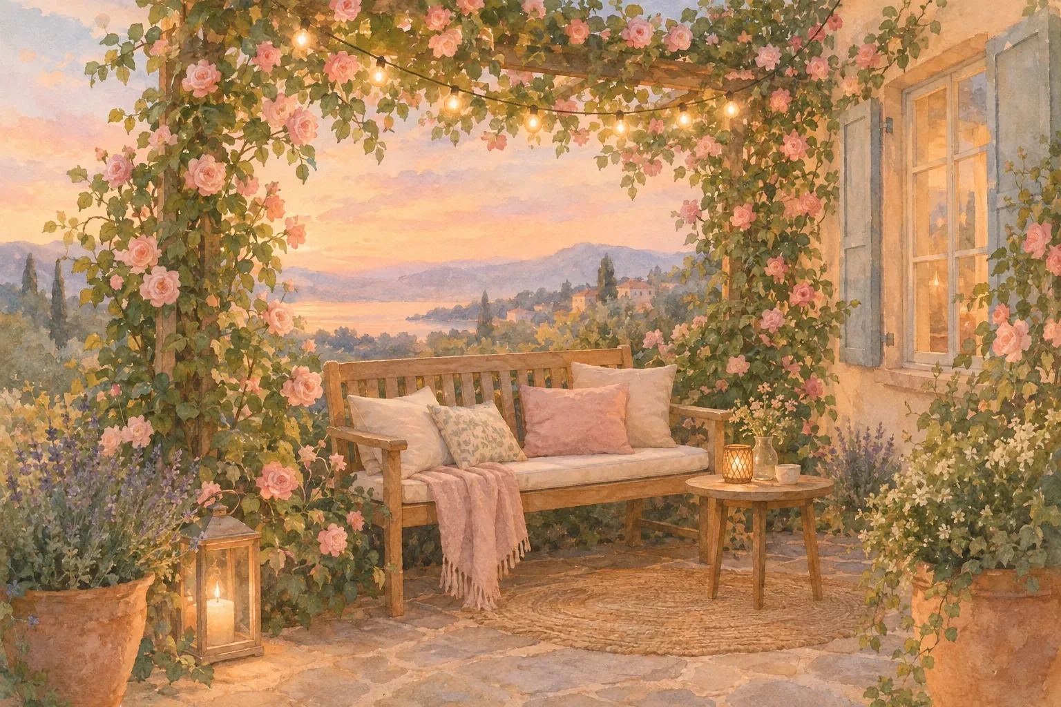 Romantische Sitzecke im Garten mit Teakbank, Kletterrosen und Lichterkette am Abend