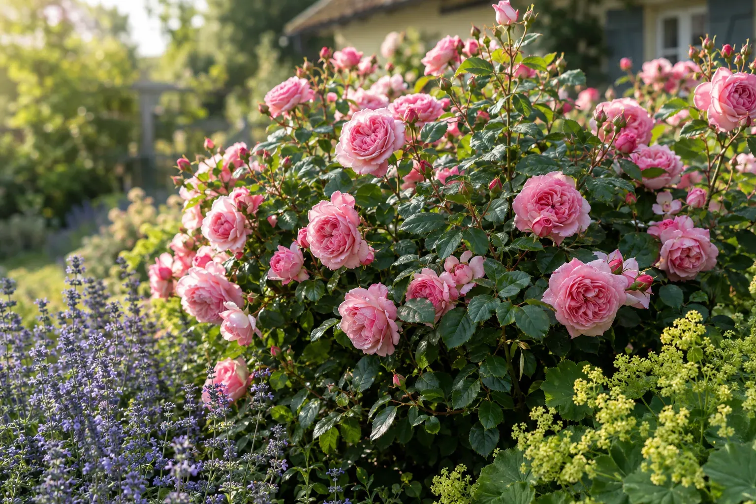 Blühender Rosenstrauch mit rosa gefüllten Blüten in einem sonnigen Bauerngarten mit Katzenminze