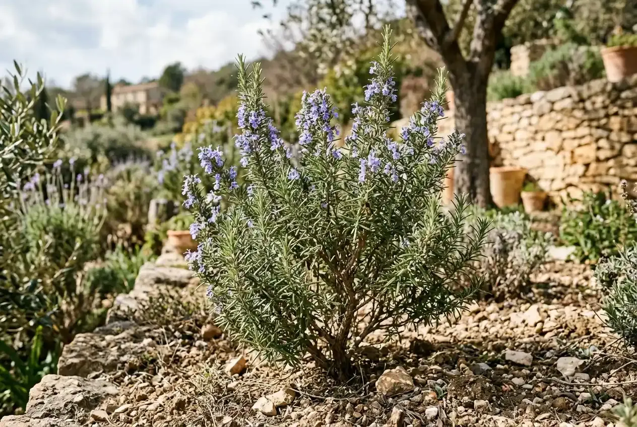 Ausgewachsener Rosmarin-Strauch mit blauvioletten Blüten im sonnigen Gartenbeet