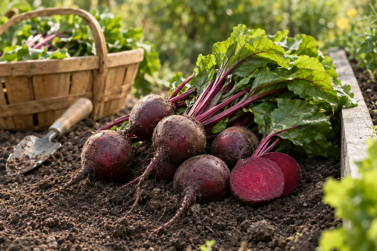 Frisch geerntete Rote Bete mit Blättern auf Gartenerde, eine Knolle halbiert mit dunkelrotem Fruchtfleisch