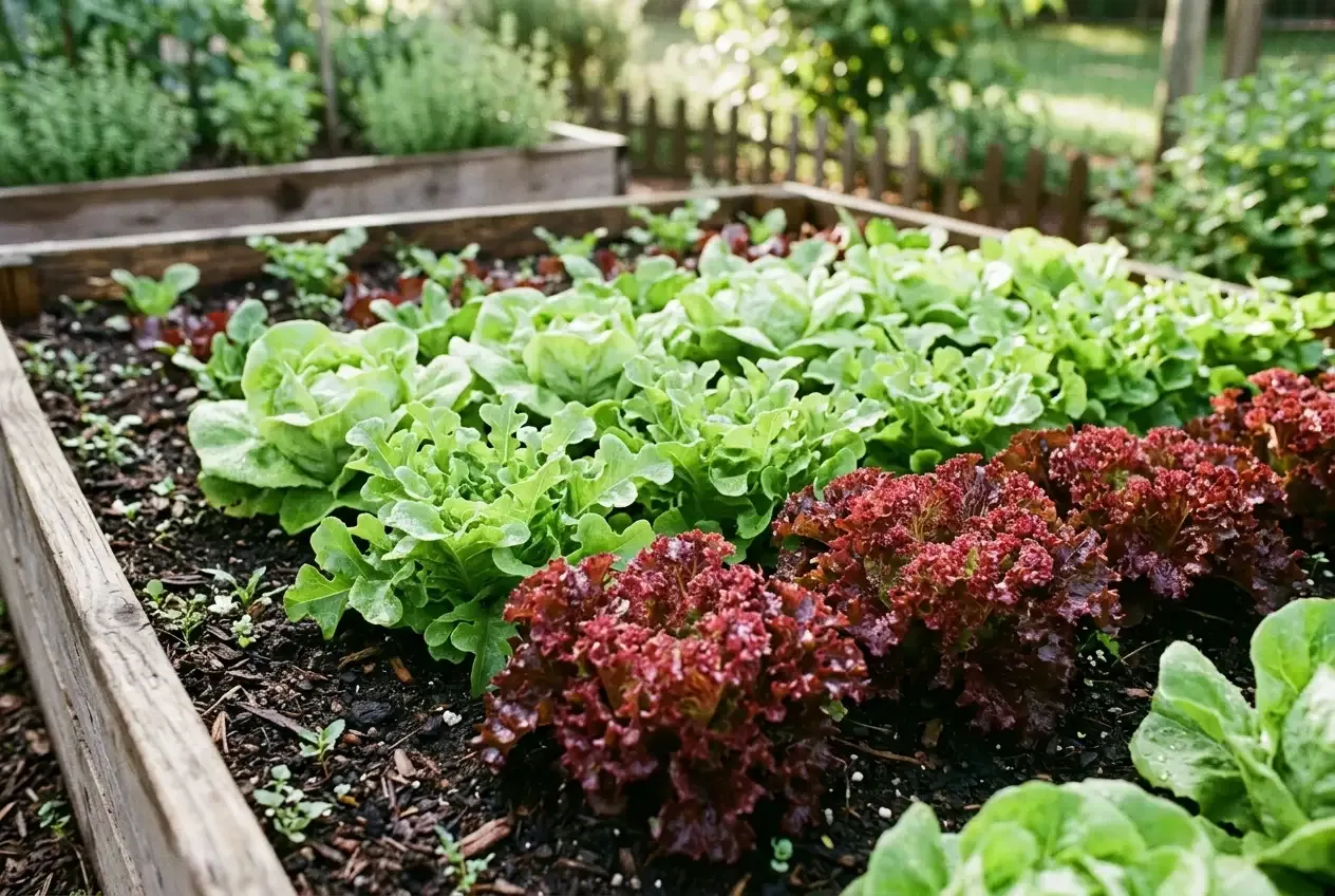 Verschiedene Salatsorten in unterschiedlichen Grün- und Rottönen wachsen in Reihen in einem Gemüsebeet