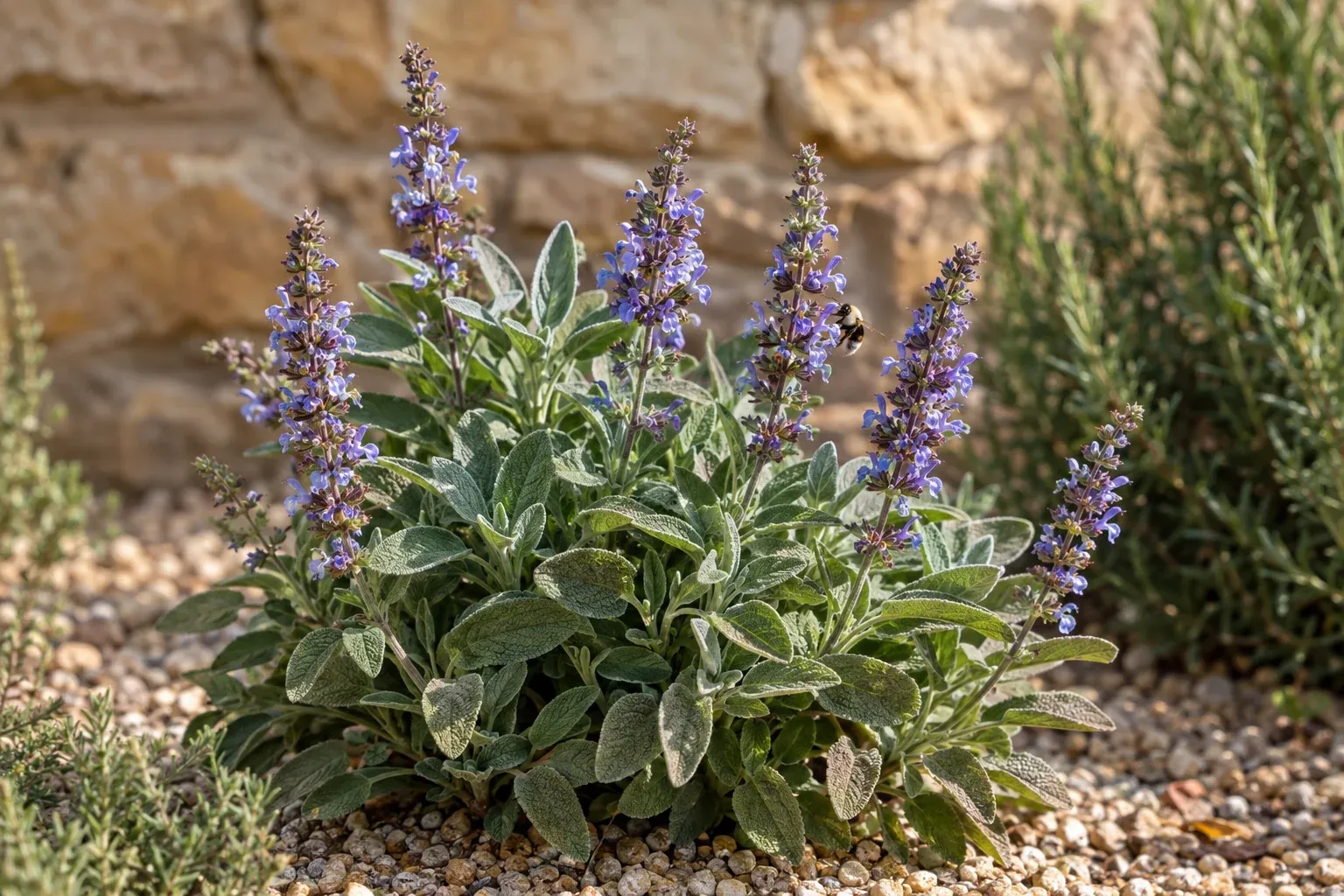 Blühender Salbeibusch mit graugrünen Blättern und violetten Blüten in einem sonnigen Kräuterbeet vor einer Steinmauer