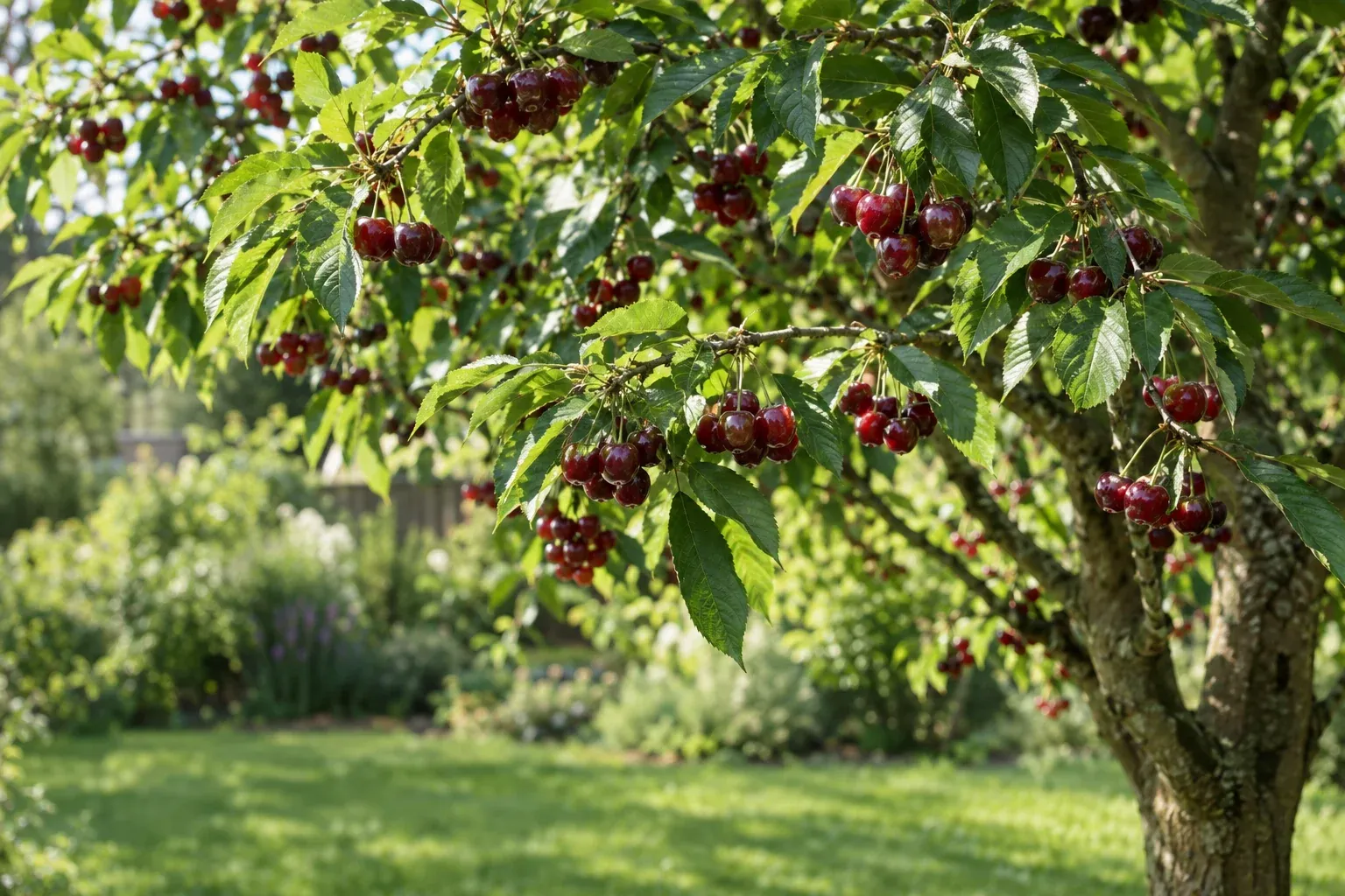 Sauerkirsche mit reifen dunkelroten Früchten im sonnigen Garten
