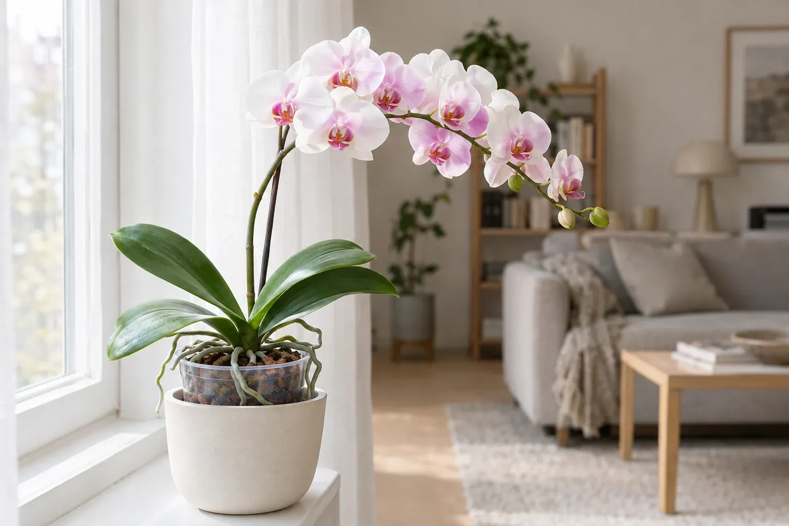 Blühende Schmetterlingsorchidee mit weiß-rosa Blüten im durchsichtigen Topf auf einer hellen Fensterbank
