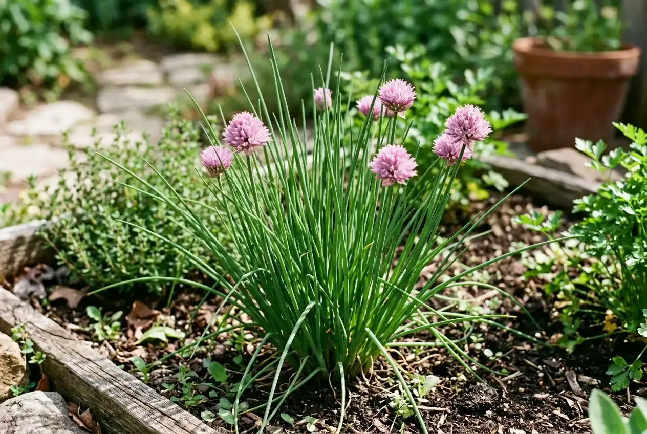 Blühender Schnittlauch-Horst mit rosa-violetten Blüten im Kräuterbeet