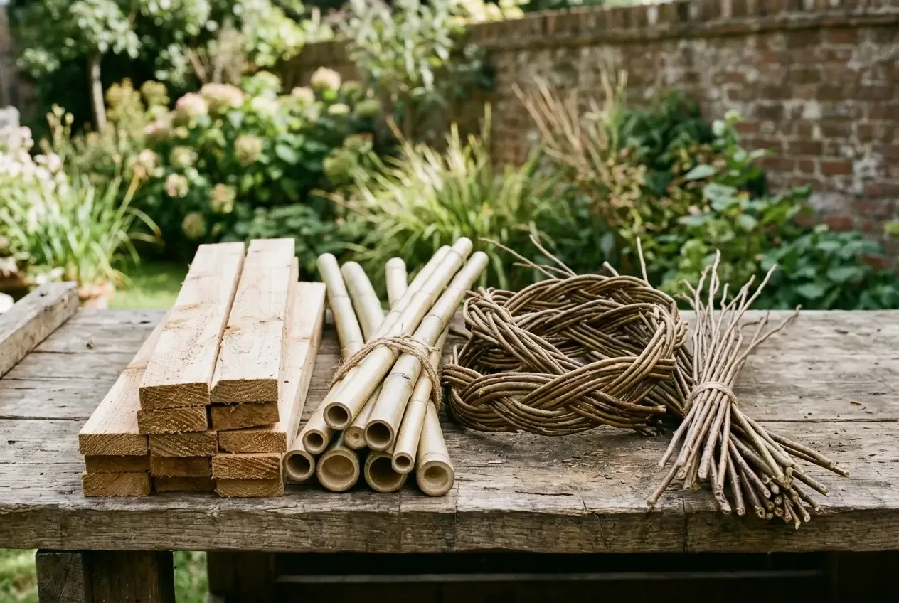 Verschiedene Materialien für DIY-Sichtschutz: Holzlatten, Bambusrohre und Weidenruten