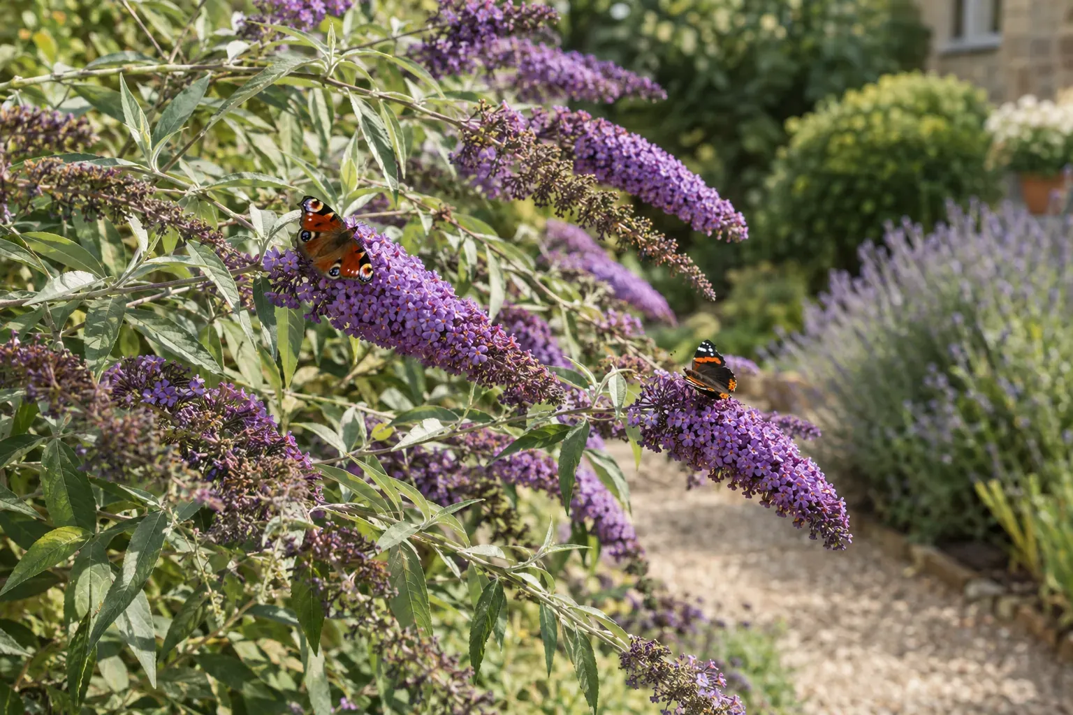 Blühender Sommerflieder mit violetten Blütenrispen und Schmetterlingen im sonnigen Garten