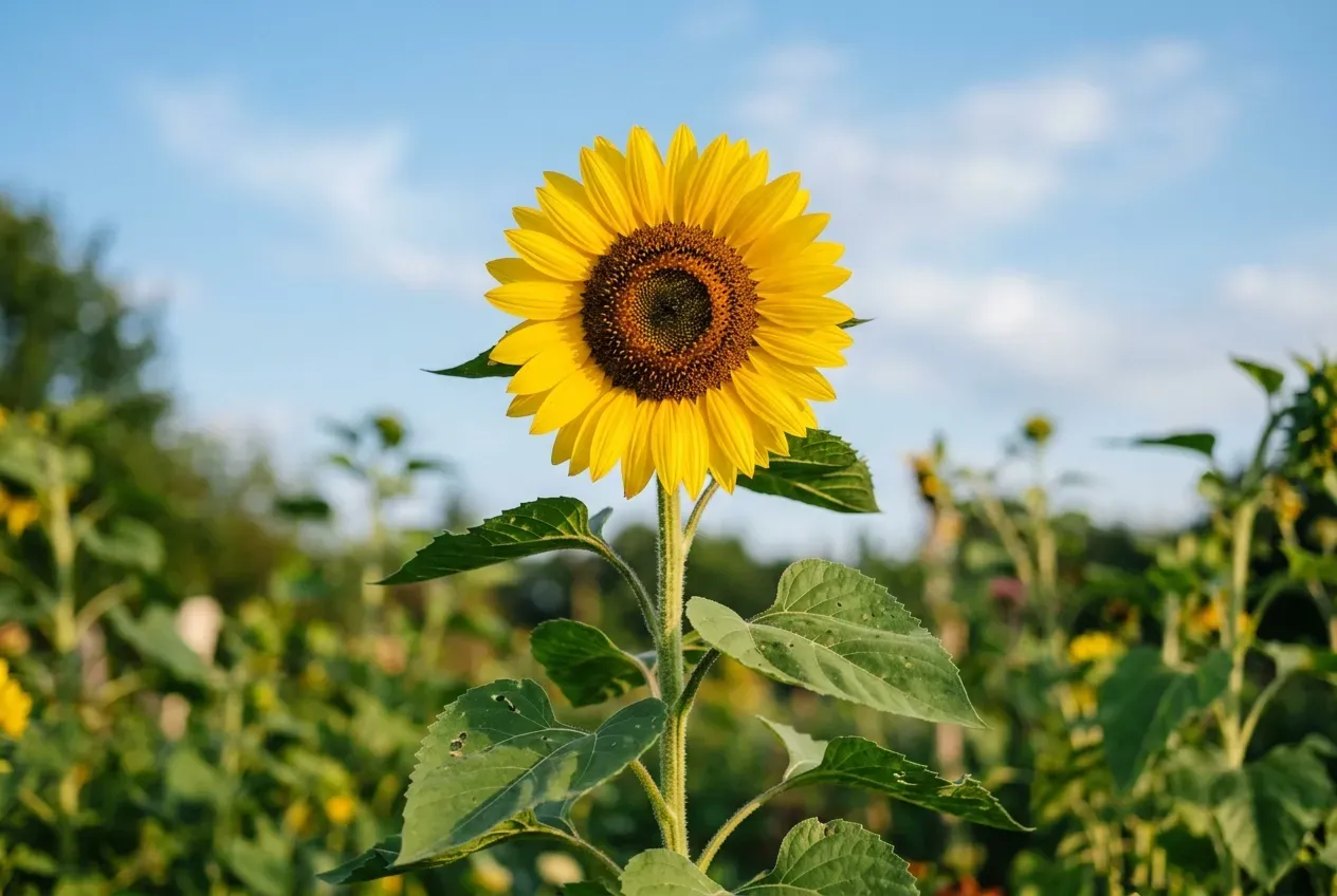 Voll erblühte Sonnenblume mit leuchtend gelben Blütenblättern und dunkelbraunem Blütenkorb vor blauem Sommerhimmel