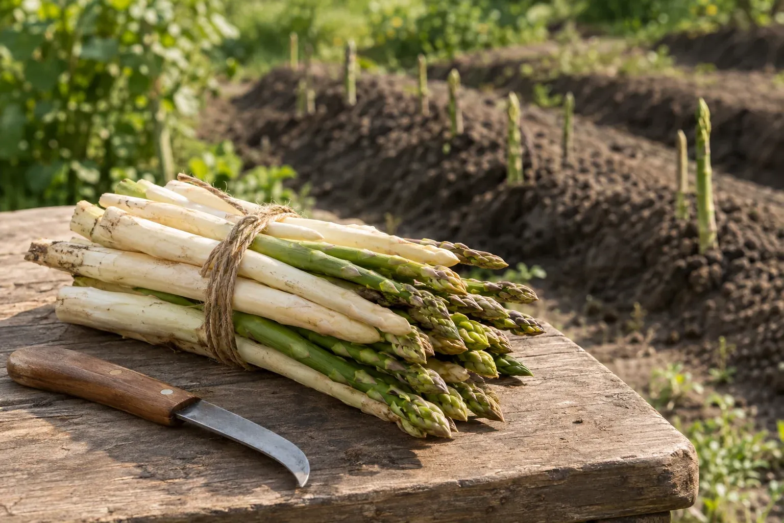 Frisch geernteter weißer und grüner Spargel mit Spargelmesser vor einem Spargelbeet