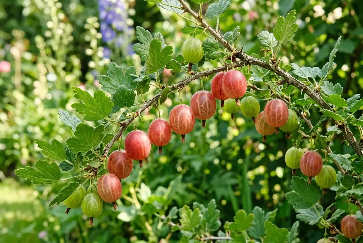 Reife rote und gruene Stachelbeeren haengen an einem dornigen Strauch im Garten