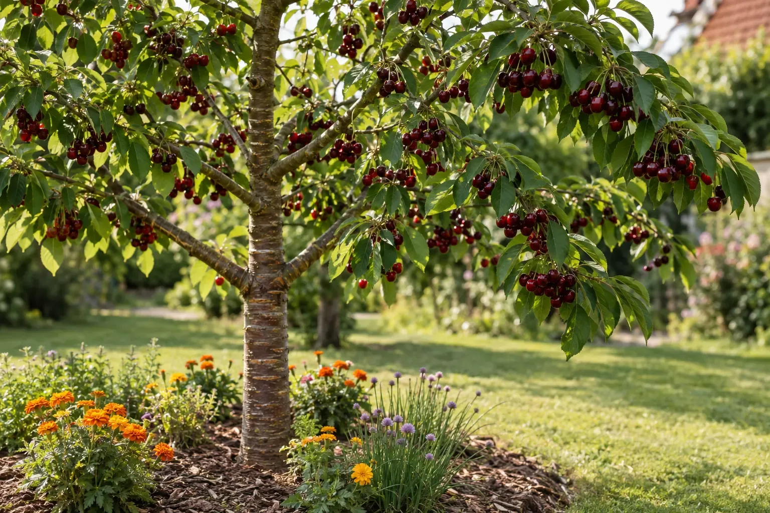 Süßkirschbaum im Garten mit reifen dunkelroten Kirschen an den Ästen im Sommer
