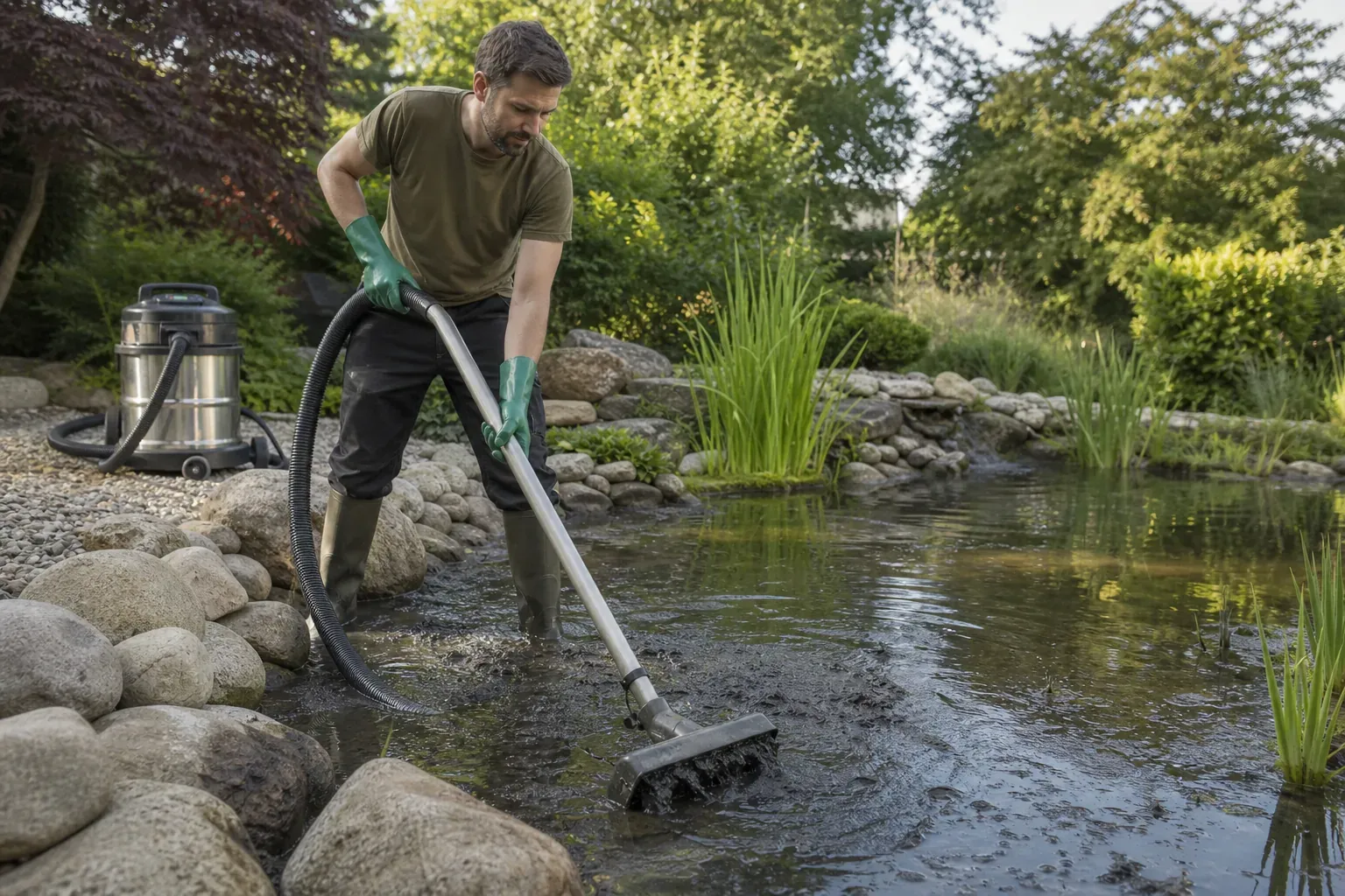Teichschlamm wird mit einem Schlammsauger aus dem Gartenteich entfernt