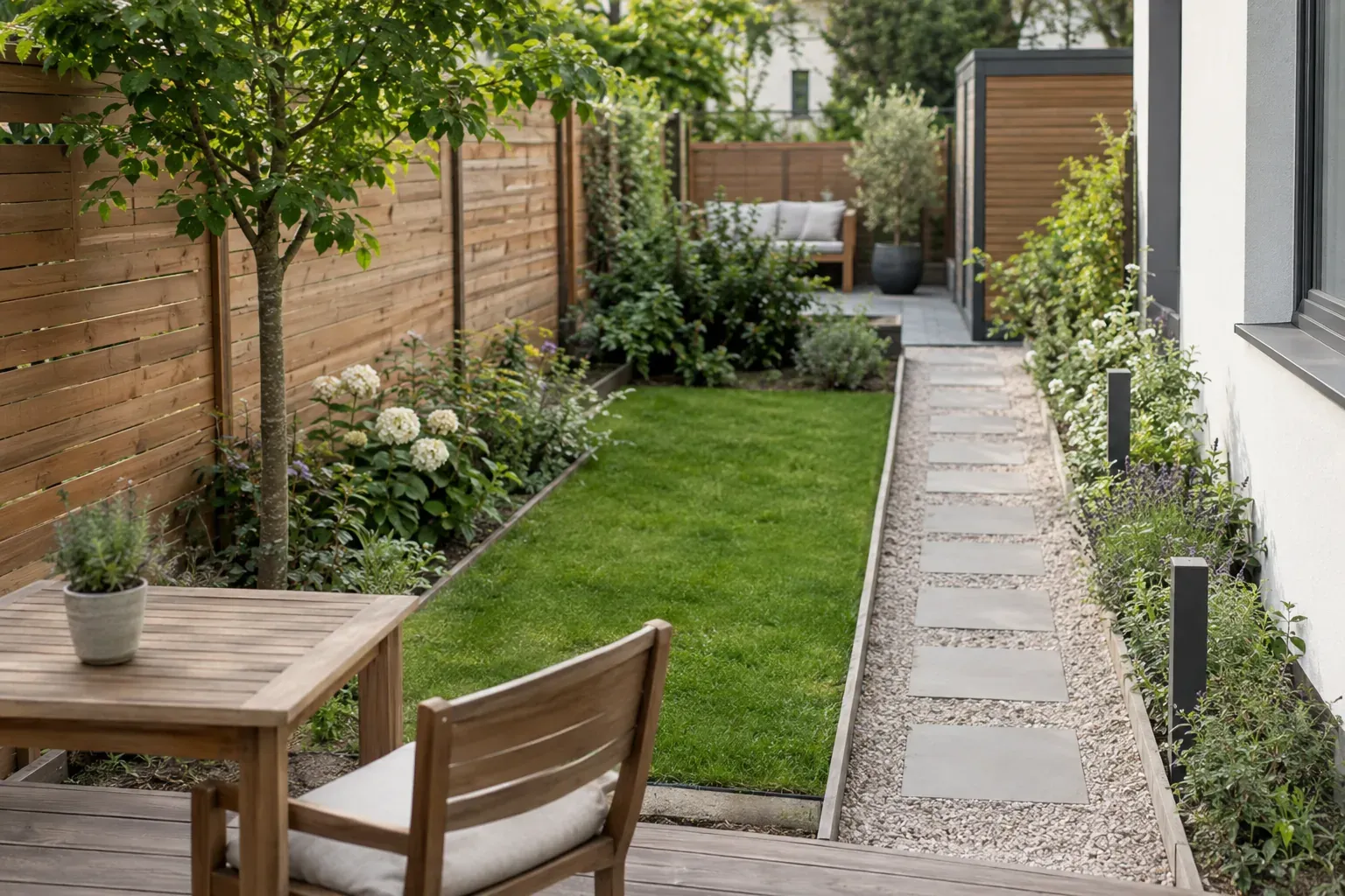 Wie teilt man einen schmalen Garten auf?