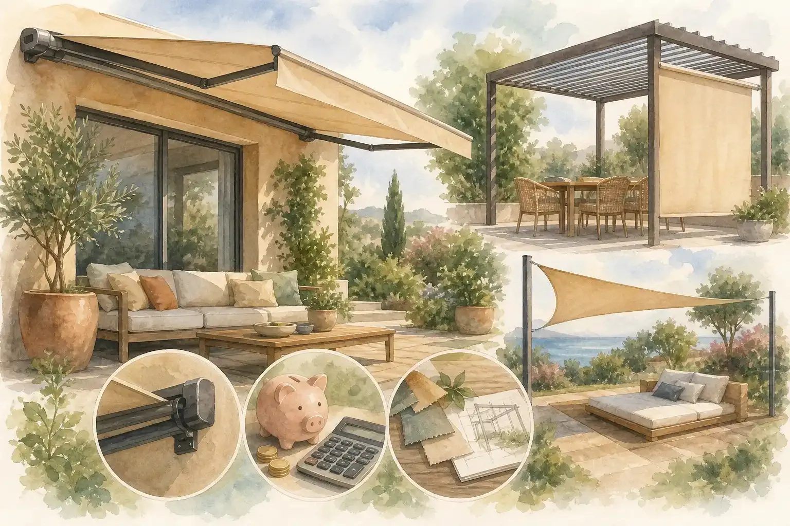 Terrasse beschatten mit Sonnensegel, Markise und Pergola im Vergleich
