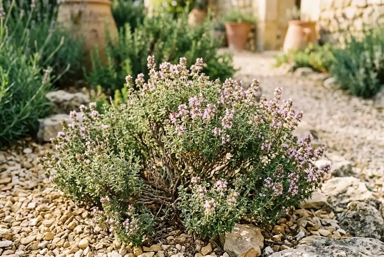 Blühender Thymian mit rosa-violetten Blüten im sonnigen Kräutergarten