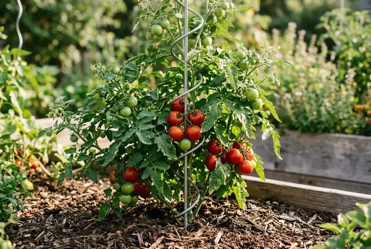 Tomatenpflanze mit reifen roten und grünen Früchten am Spiralstab im Hochbeet