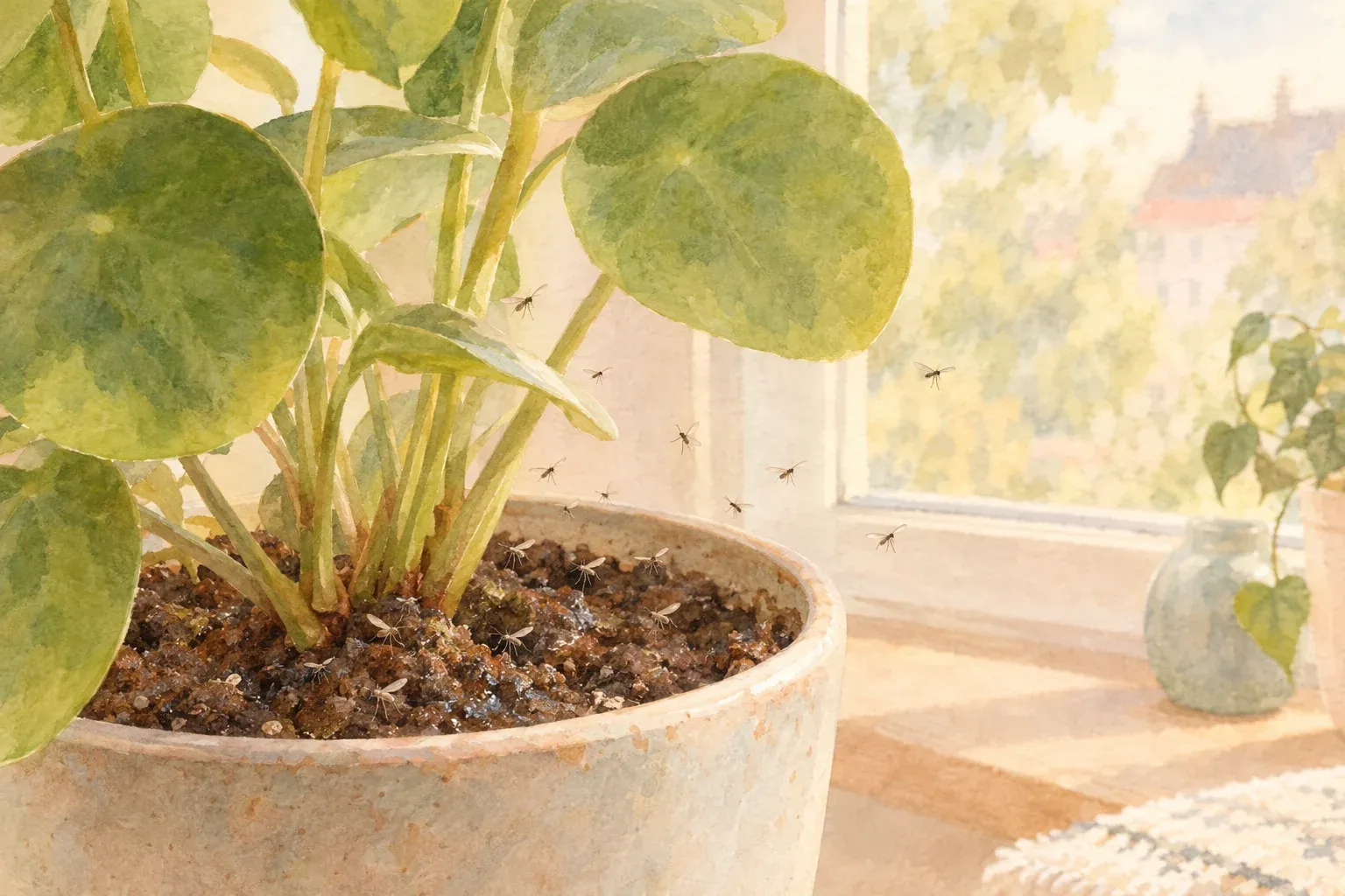 Trauermücken auf feuchter Blumenerde einer Zimmerpflanze am Fenster