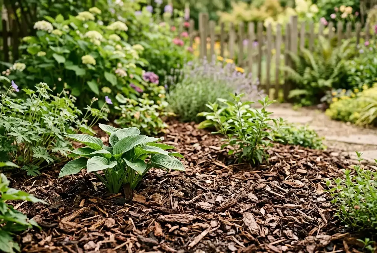 Mulchschicht in einem Gartenbeet zur Unkrautunterdrückung