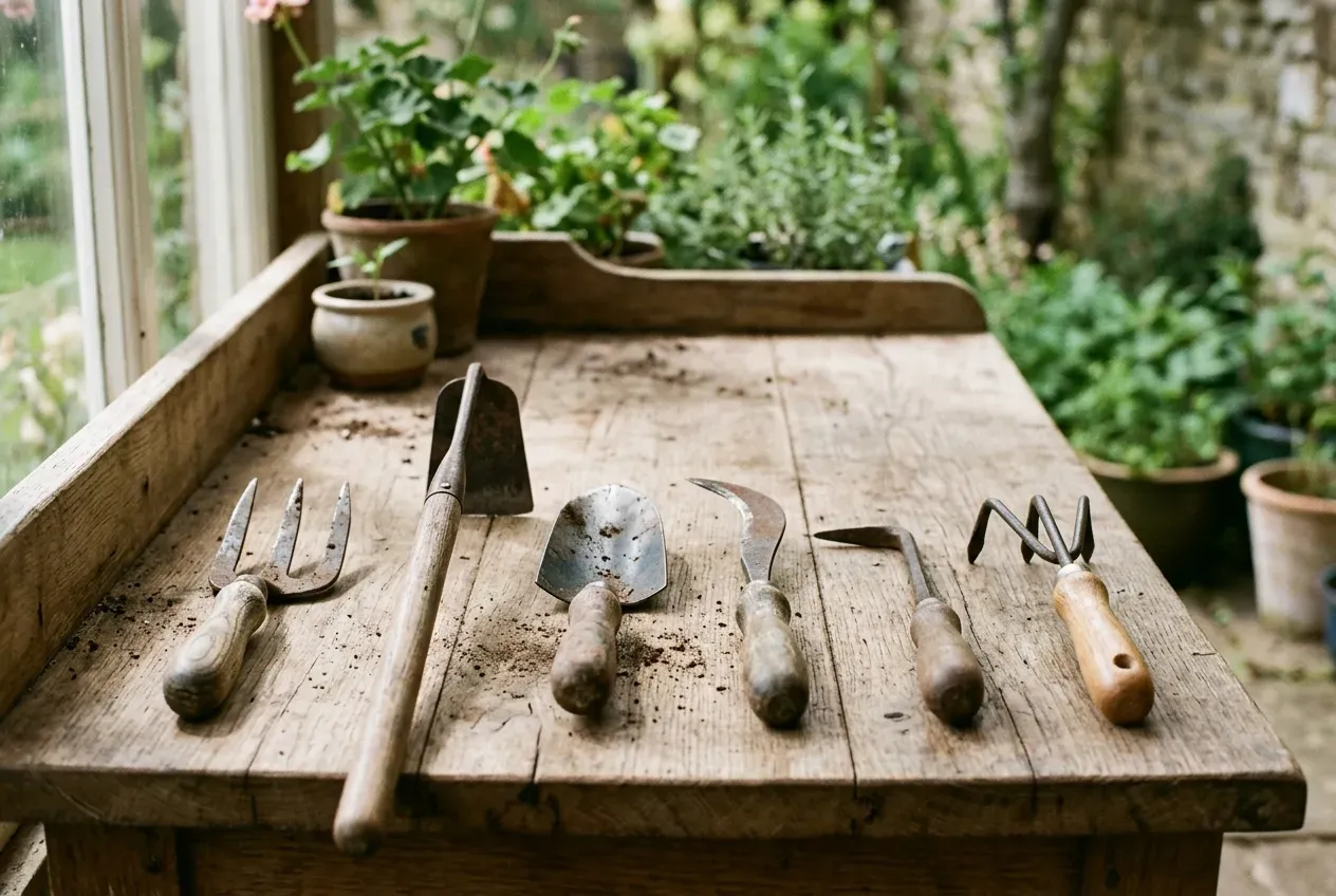 Verschiedene Unkrautjäte-Werkzeuge aufgereiht auf einem Holztisch