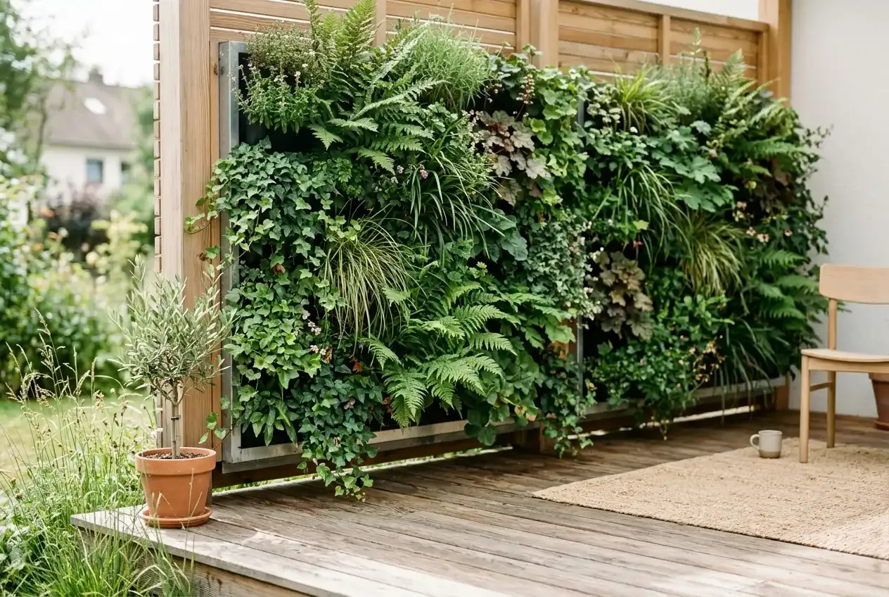 Vertikaler Garten als Sichtschutz auf einer Holzterrasse mit verschiedenen Pflanzen
