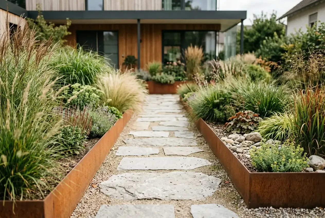 Moderner Vorgarten mit Ziergräsern, Cortenstahl-Einfassungen und klarer Wegeführung