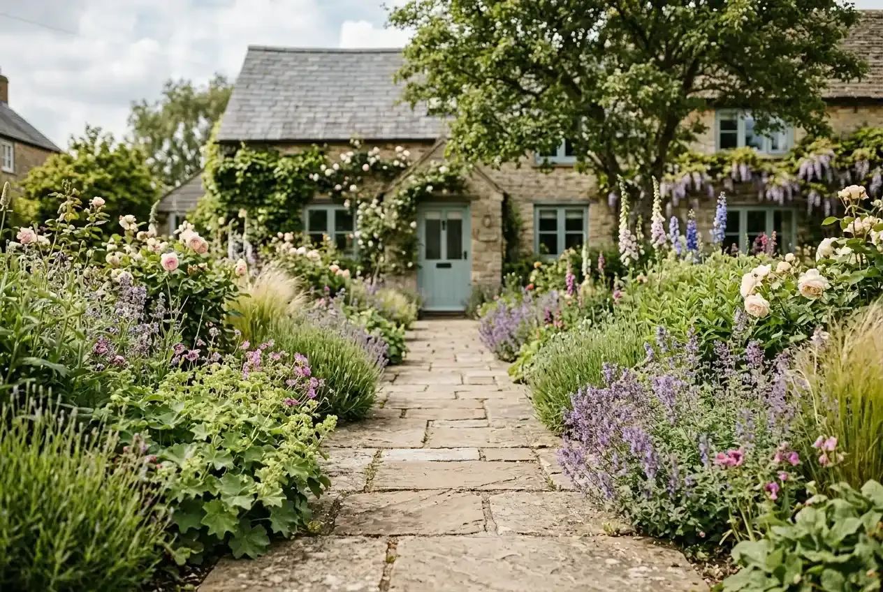 Gepflasterter Vorgartenweg mit seitlicher Staudenbepflanzung