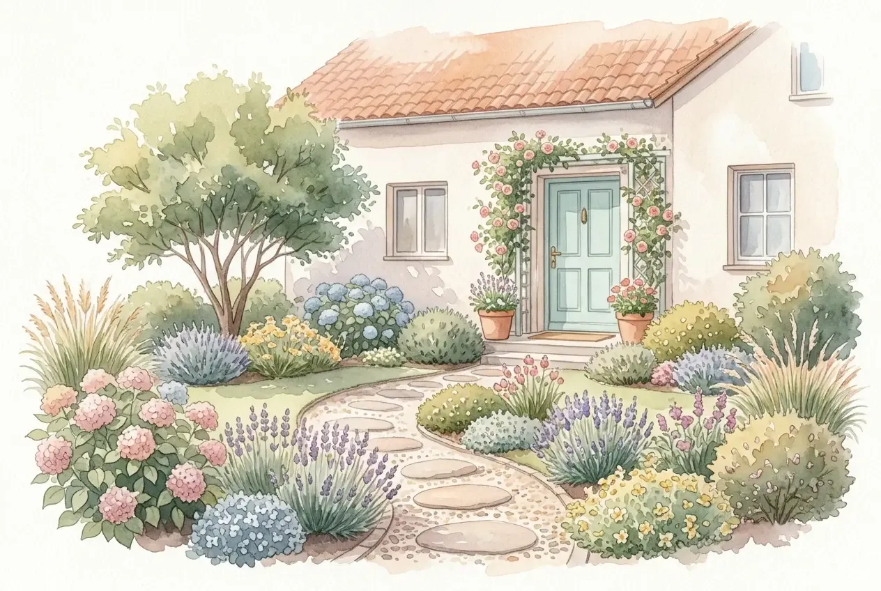 Einladend gestalteter Vorgarten mit blühenden Stauden, gepflastertem Weg und einem modernen Hauseingang