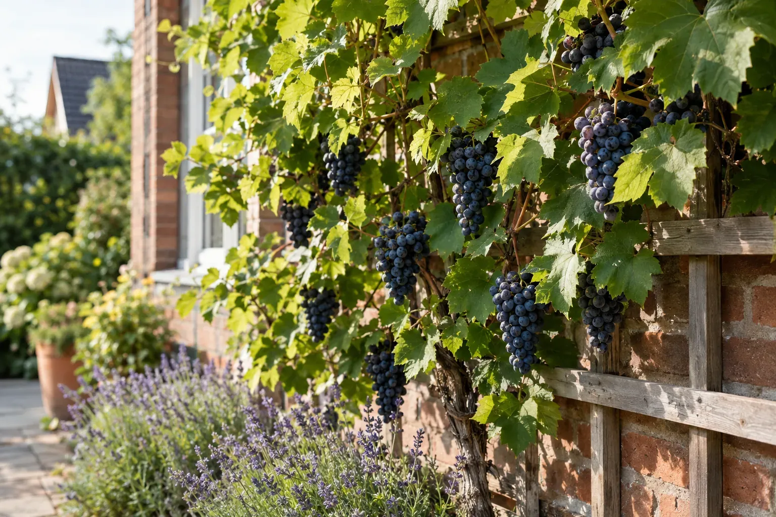 Weinrebe mit reifen blauen Trauben an einem Holzspalier vor einer sonnigen Hauswand