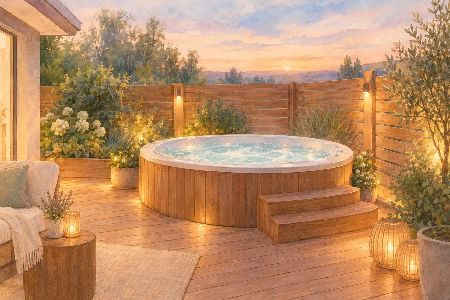 Whirlpool im Garten auf einer Holzterrasse mit Sichtschutz und abendlicher Beleuchtung