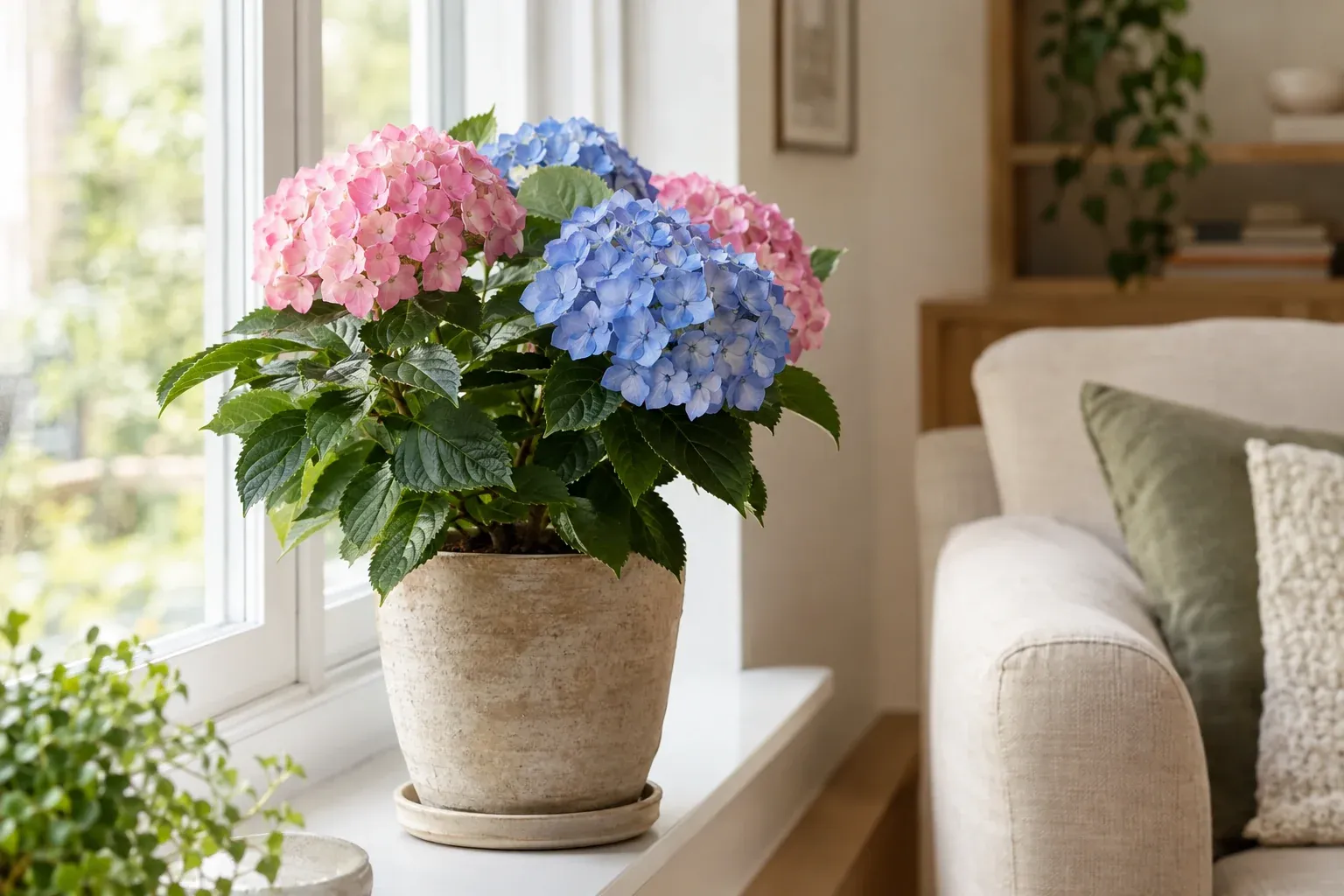 Blühende Zimmerhortensie im Topf auf einer hellen Fensterbank