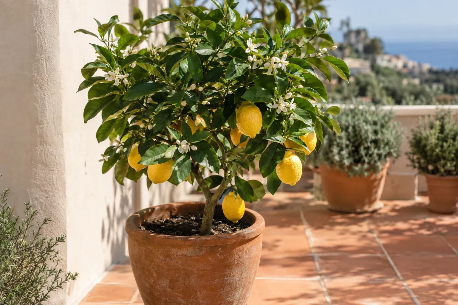 Zitronenbaum im Terrakottakübel mit reifen Früchten und Blüten auf sonniger Terrasse