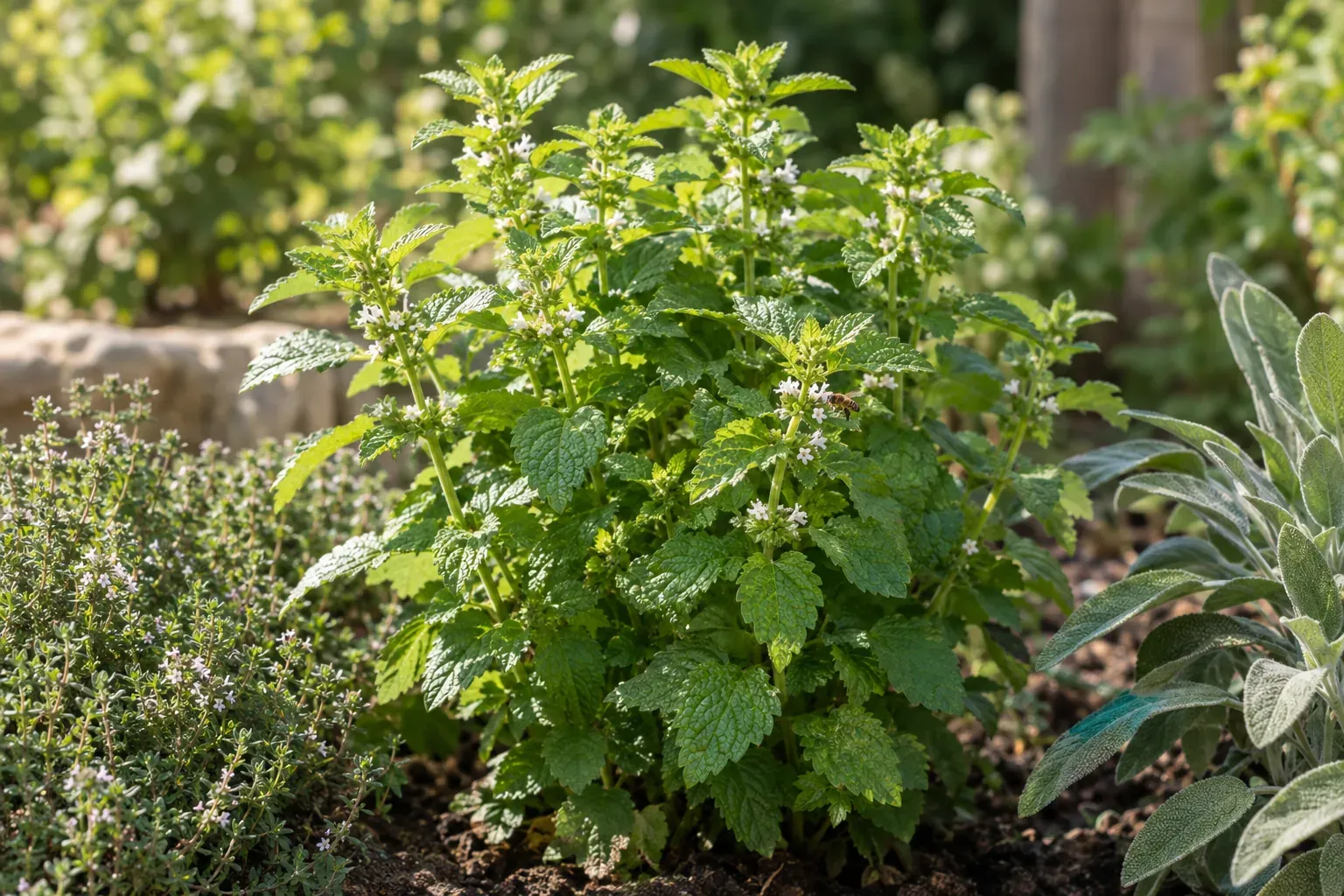 Buschige Zitronenmelisse mit hellgrünen, runzeligen Blättern und kleinen weißen Blüten im sonnigen Kräuterbeet