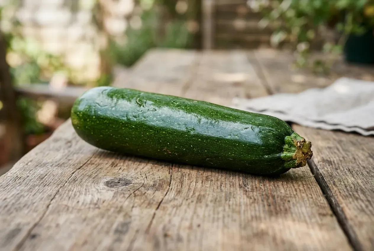Frisch geerntete Zucchini auf Holzuntergrund