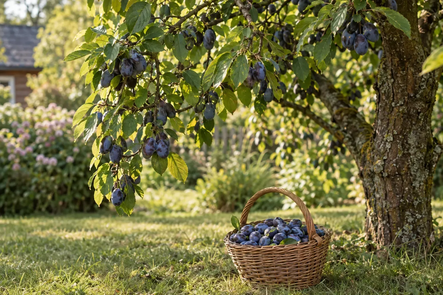 Zwetschgenbaum mit reifen, blau bereiften Zwetschgen und einem Erntekorb im Garten